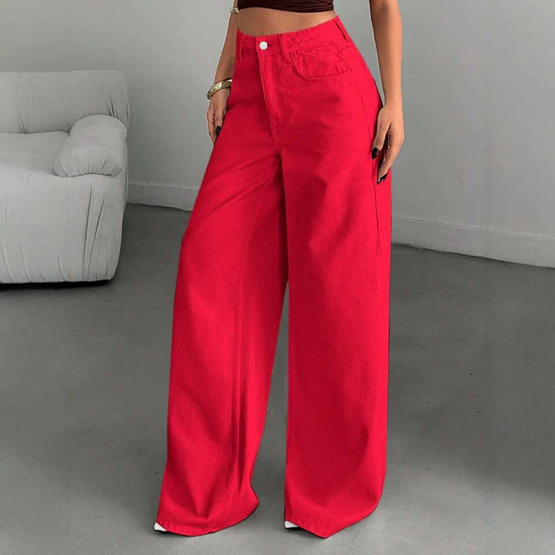 Red Straight-Leg Jeans for Women, High-Waisted, 2026 Summer New Style, Loose Fit, Slimming, Versatile, Floor-Length Wide-Leg Pants