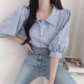 现货 复古五分袖条纹衬衫女夏季新款衬衣