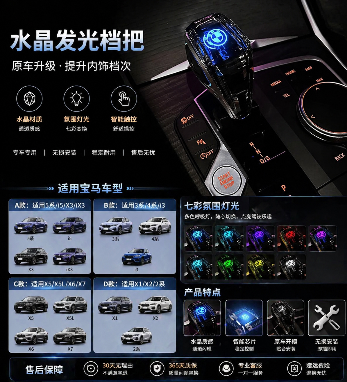 Suitable for BMW 3 Series, 4 Series, 5 Series, X1, X3, X5 gear shift modification, crystal gear knob, orchid finger shift lever