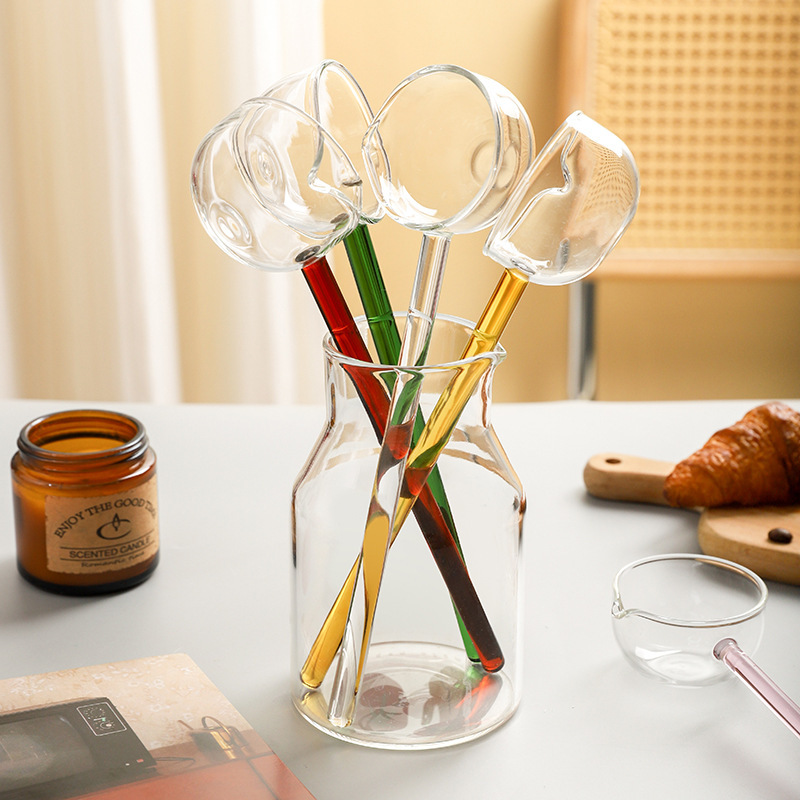 New Creative Glass Spoon with Colorful Long Handle, Large Soup Spoon for Home Kitchen, Suitable for Pouring Hot Oil, Scooping Eggs, and Cooking Rice