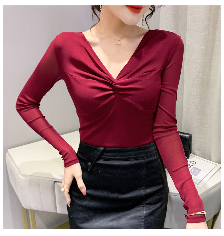 T-shirt da donna slim in rete a maniche lunghe con camicia slim a fondo incrociato_voghion.com