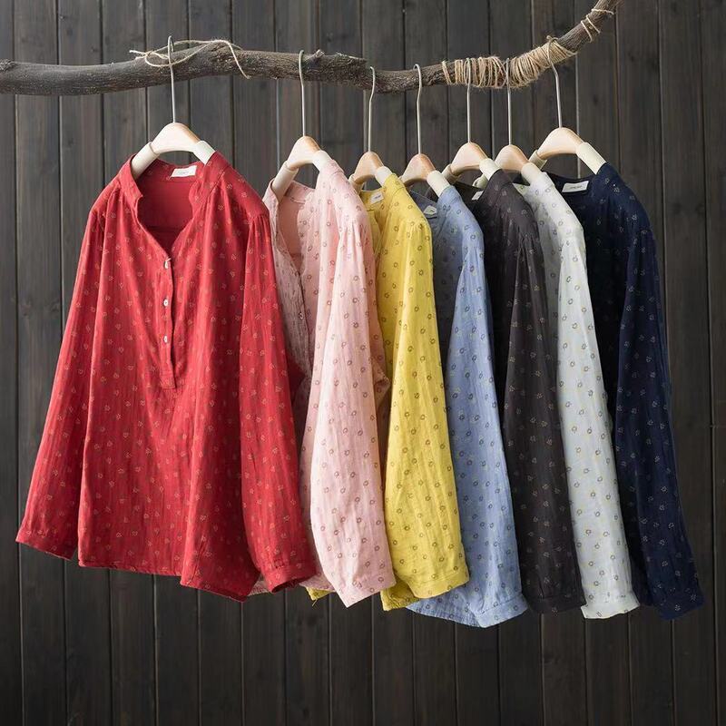 2023 New Autumn Clothing V Neck Small Floral Print Cotton Gauze Long-Sleeved Shirt Women's Straight Soft Cotton Shirt Top