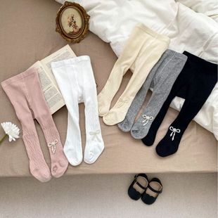 2023 autumn baby girls' pantyhose all-match Pearl bow stirrup socks girls' solid color leggings