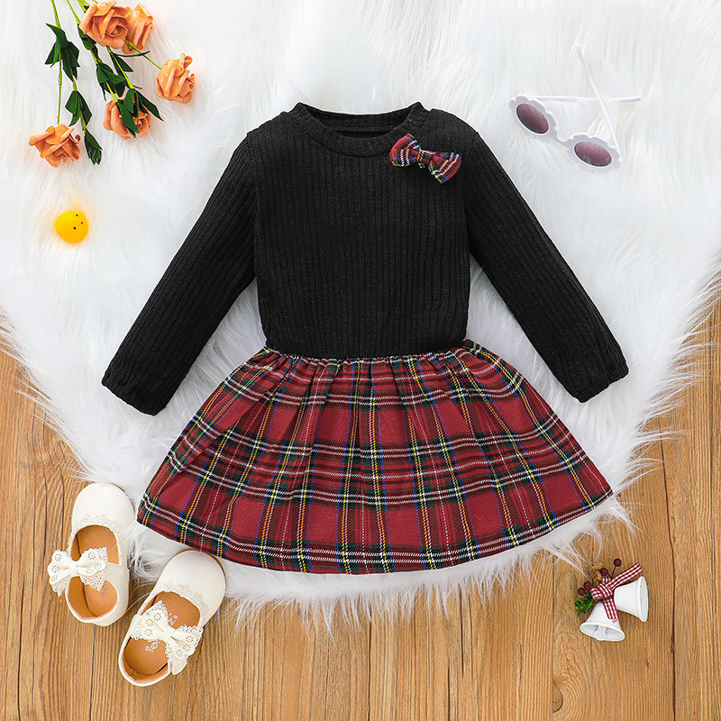 3-color New Autumn Long-sleeved Round Neck Lattice Bow Stitching Christmas Girls Dress display picture 8