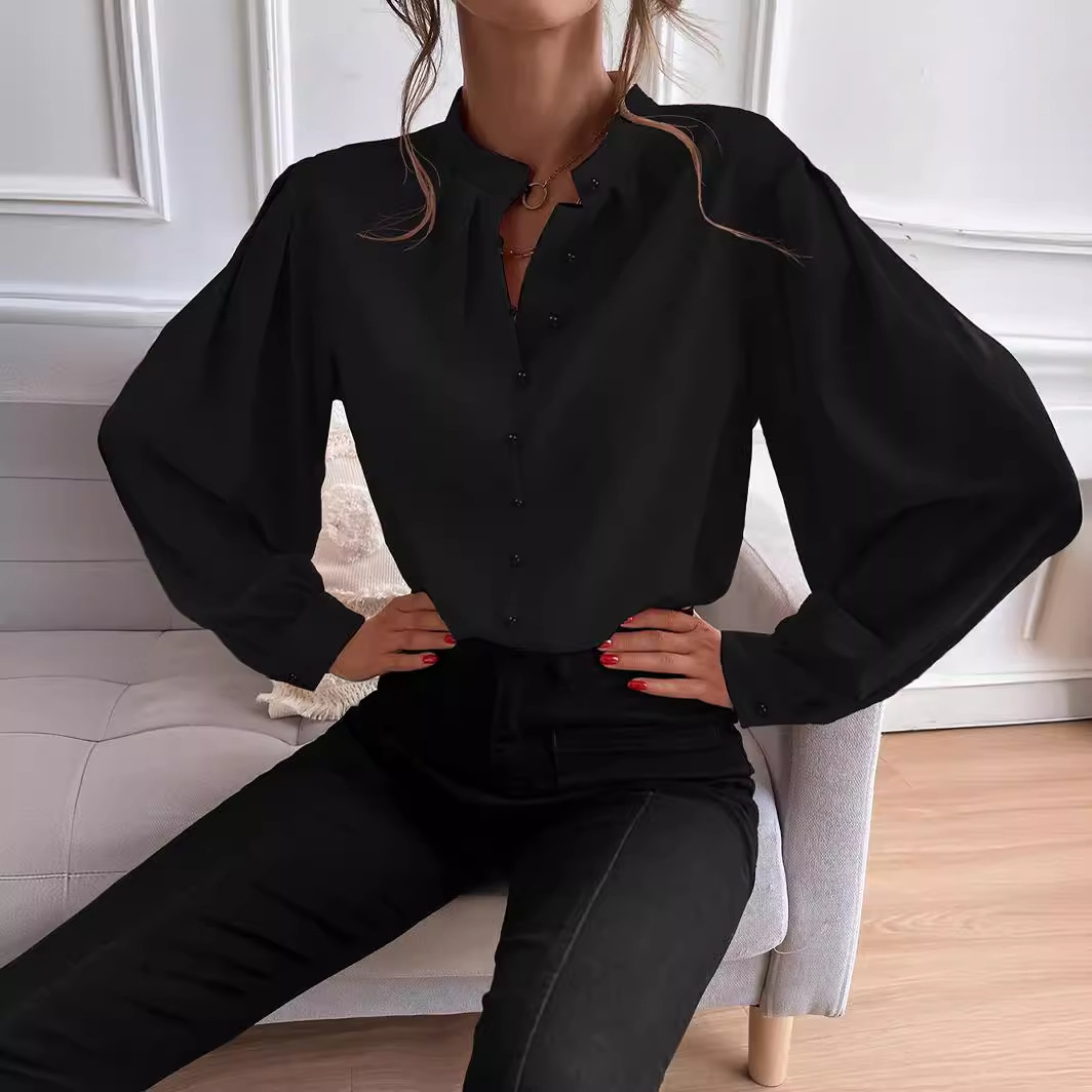 En stock transfronteriza europea y americana 2023 Amazon camisa de las mujeres populares semi-abierto cuello de color sólido suelta de manga larga elegante image 5