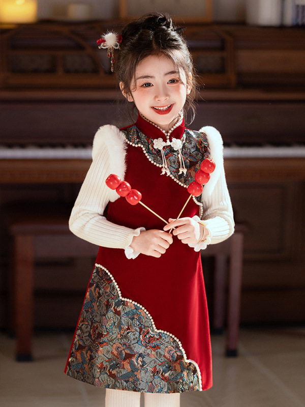 女の子のチャイナドレス冬のお祝い赤い中国風スーツ新しい中国風のボタンベスト唐スーツ新年服|undefined