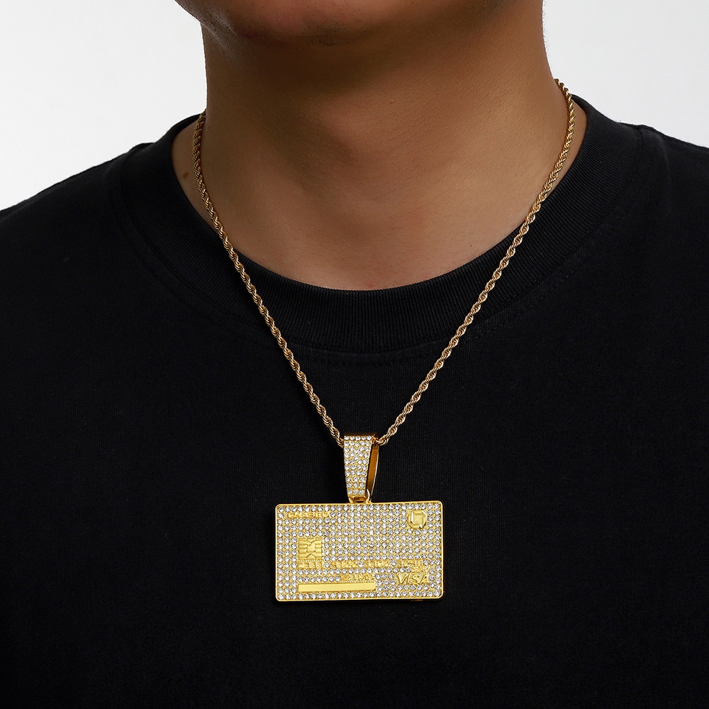 Hip Hop Cross-border europeo y americano de los hombres Hip Hop Full Diamond Aleación Cuadrado Tarjeta bancaria Escudo Cubano Collar Collar Joyas para hombres