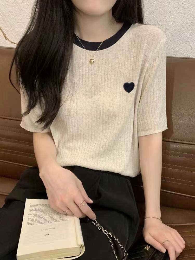 Korean Style Contrasting Color Design Round Neck T-Shirt Summer 2024 New Versatile Pit Strip Heart Knitted Short-Sleeved Women's Top
