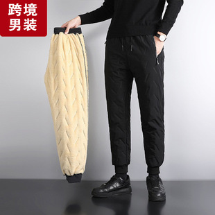 Autumn and winter men's cashmere plus size cotton pants thickened windproof warm Men's fleece-lined casual loose straight ankle-tied pants
