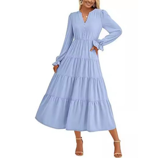 Cross-Border Fashion Women's Clothing Spring and Autumn Ruffled Layered Long Dress Elegant Cocktail Party Long Sleeve Av Collar