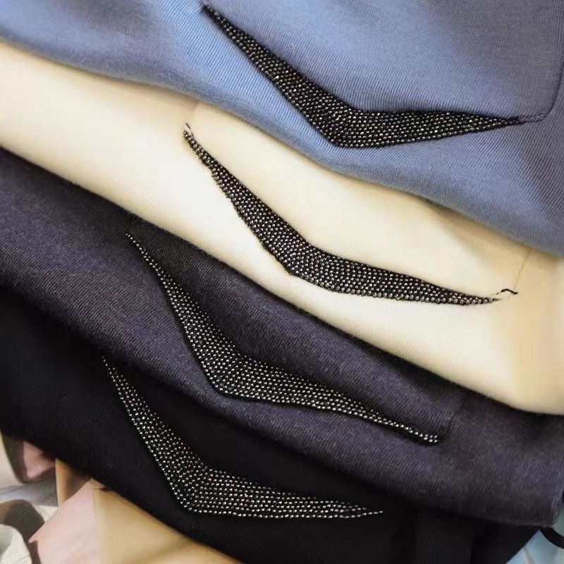 Heavy Industry Pocket Hot Drilling Embellishment Draped Smooth V-neck with Wool Long-sleeved Elegant Casual Long-sleeved T-shirt Top for Women