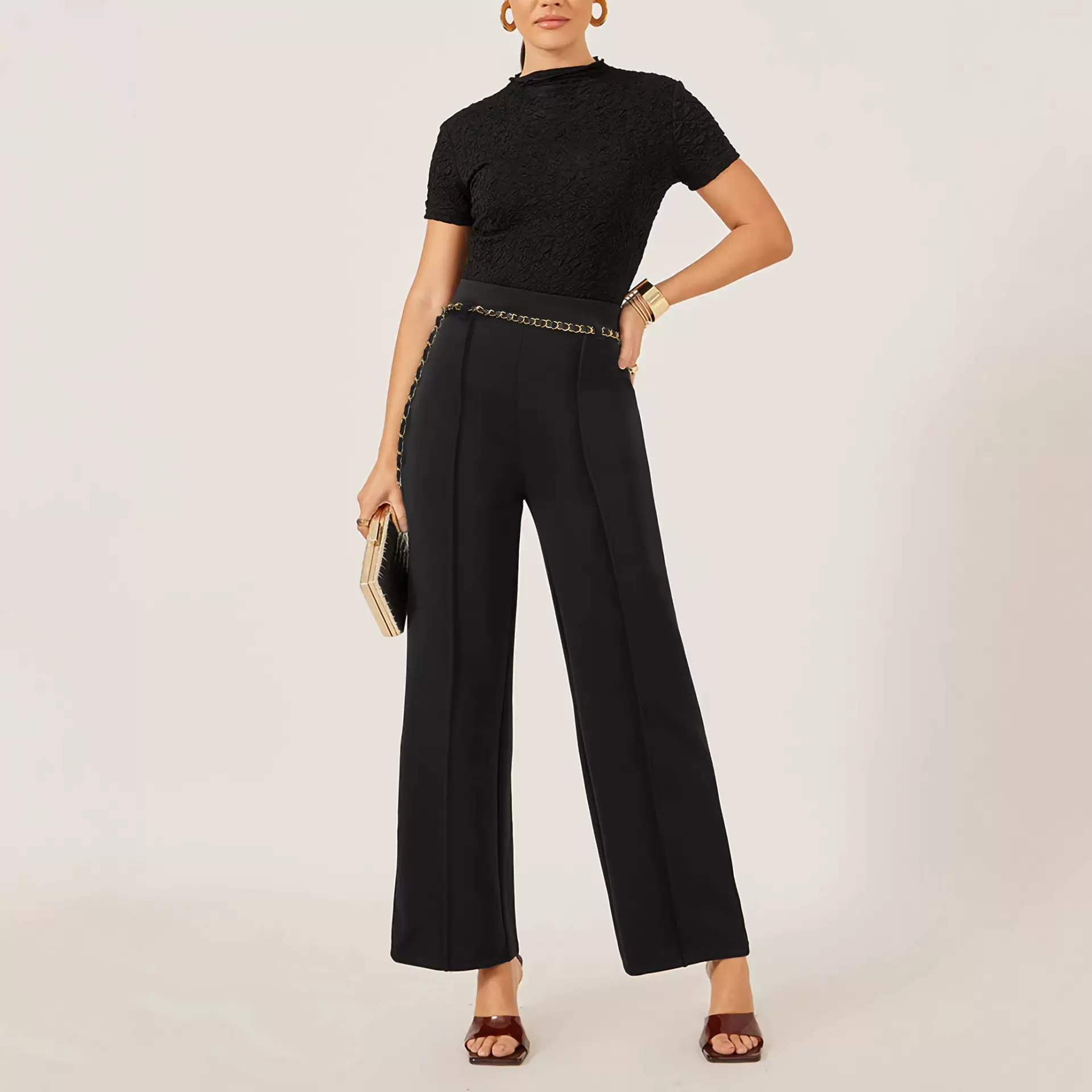 欧美跨境黑色高腰垂坠感西装裤通勤百搭显瘦直筒裤职场优雅九分裤