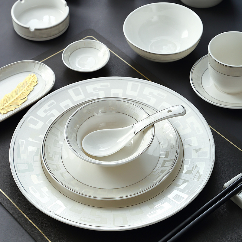 Ceramic table tableware hotel round table silver-edged dish set company unit box high-grade dinner plate printing