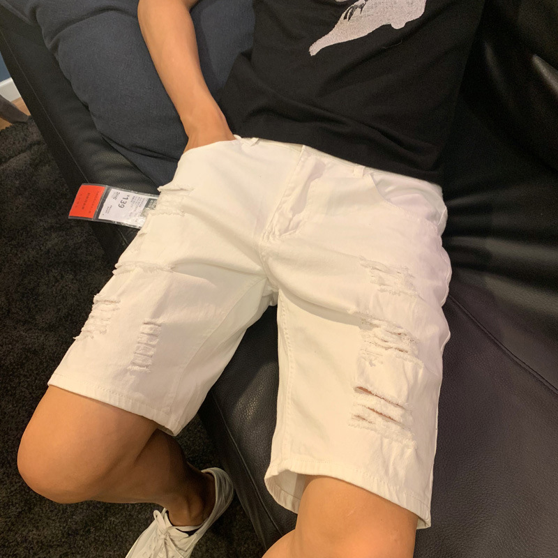 Verano ins ripped Denim shorts marca de moda de los hombres pantalones delgados blancos delgados pantalones de playa recortados casuales Coreanos