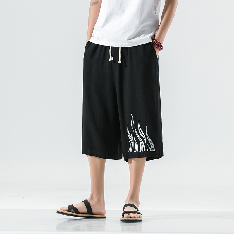 2021 Chinese Style Summer New Arrival Embroidered Colorblock Linen Large Size Loose Men's Casual Cropped Straight Casual Pants