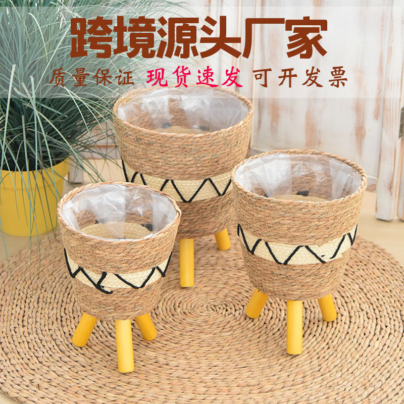 Decoración nórdica tipo piso estante de flores plantas de paja trenzadas cestas de flores de caña trenzadas maceta de loto verde balcón sala de estar estante de maceta