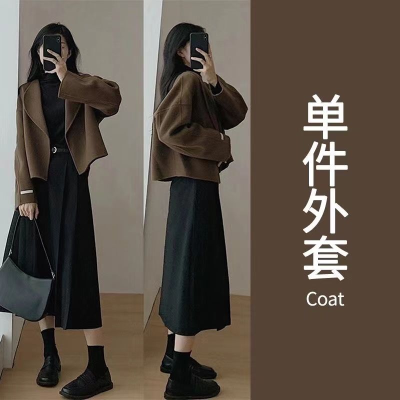 春秋女装奶系毛呢温柔秋冬外套2025高腰新款半身裙套装|undefined