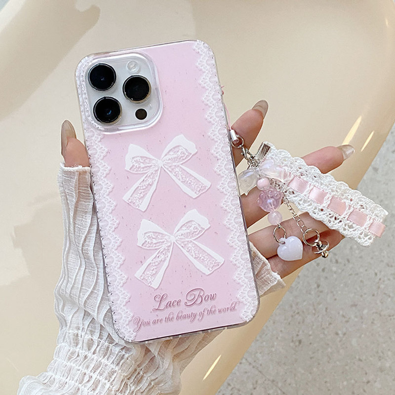 Apple 16PM かわいい 13 携帯電話ケース iphone15pro に適した二層 IMD レースリボンガールズパウダー|undefined