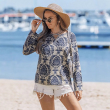 欧美女装跨境新款衬衫亚马逊速卖通独立站长袖印花套头V领气质上