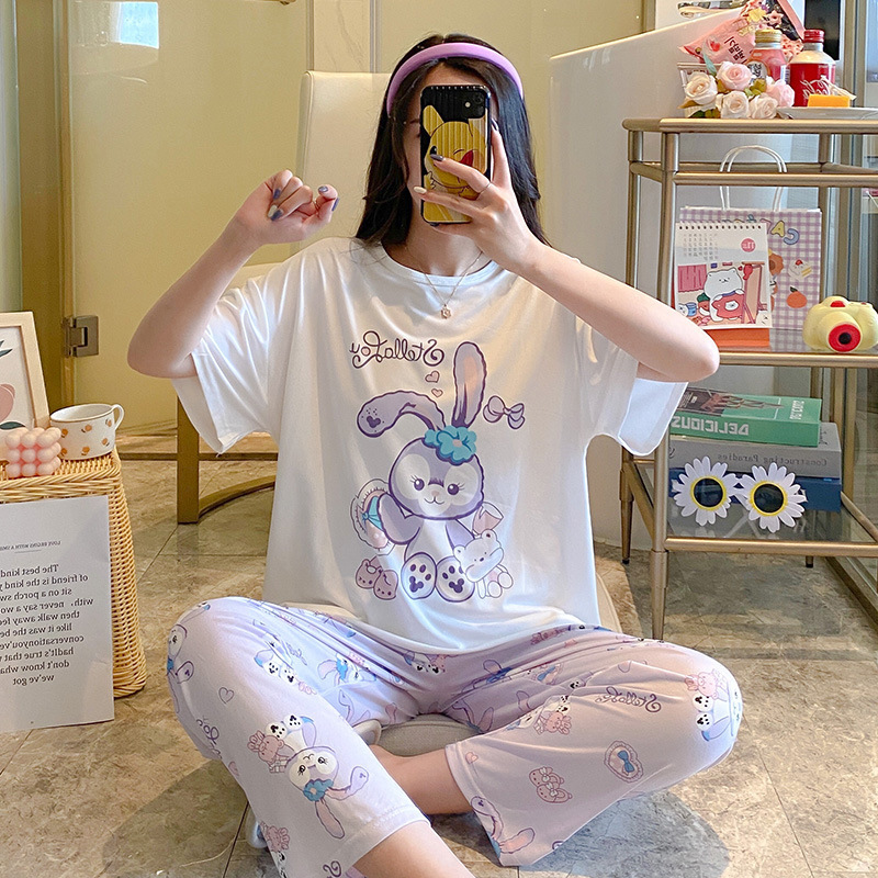 睡衣女春秋款5XL码新款短袖长裤女士印花可爱可外穿家居服套装|undefined