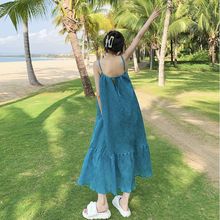 实拍现货！湖水蓝显白吊带长裙气质大摆度假连衣裙沙滩裙