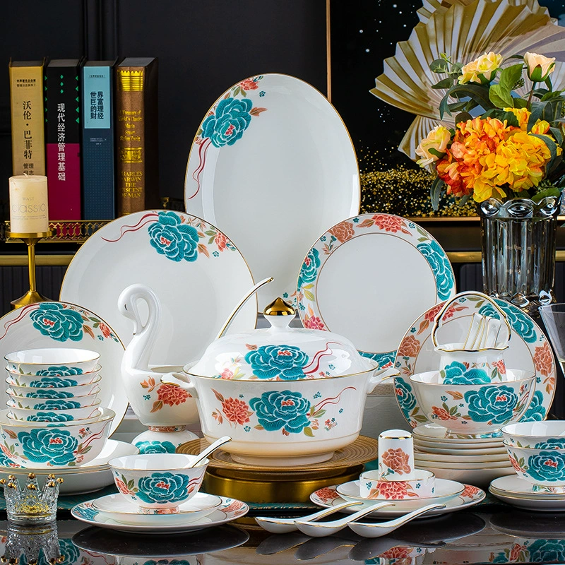 Керамическая миска и тарелка из Jingdezhen, набор посуды для новоселья, при высокой температуре, посуда из костяного фарфора полного набора в китайском стиле, подарок легкая роскошь