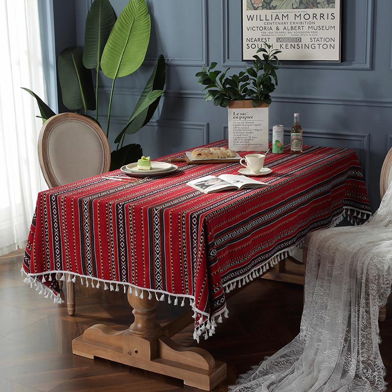 Nappe Bohème Teint En Fil Jacquard Rouge Ruban Gland Maison Table Basse Couverture Serviette display picture 1