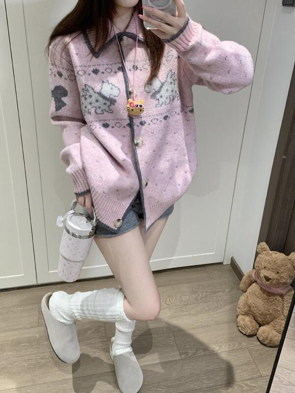 国潮牌秋季新款休闲百搭费尔岛针织开衫花纱小狗提花翻领毛衣外套|undefined