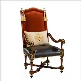 美式实木带扶手餐椅欧式小户型电脑椅单人休闲椅高背沙发椅国王椅