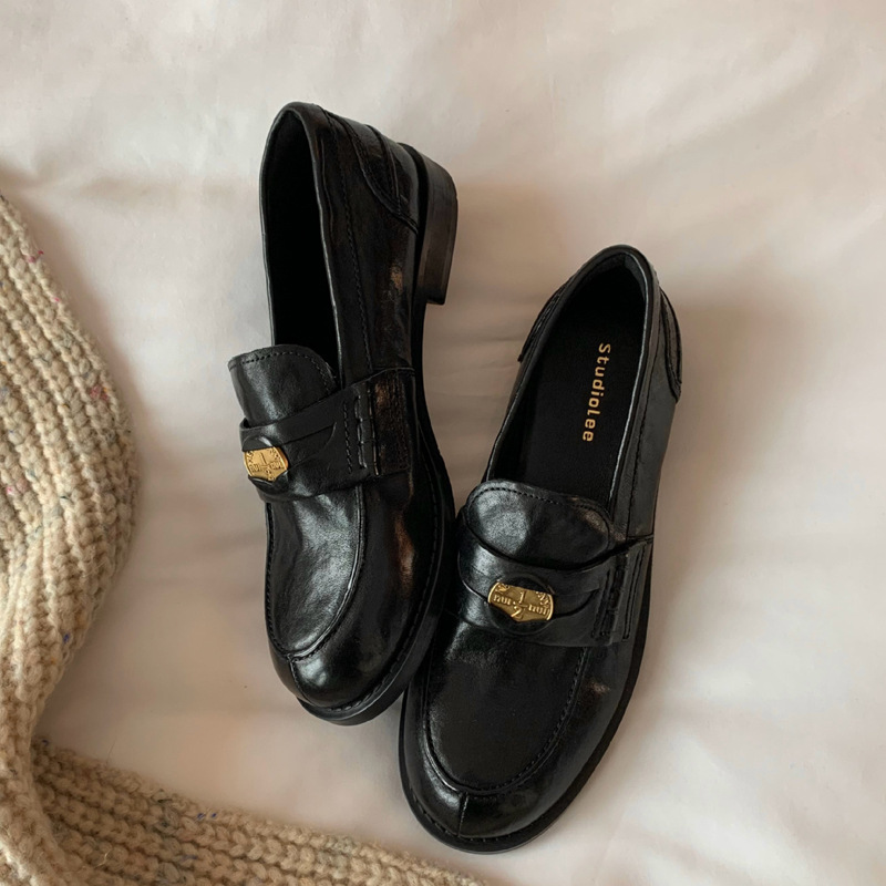 Uva mamá Londres puesta de sol ~ británico retro punta redonda pequeña Moneda de Oro perezoso zapatos de cuero mocasines zapatos de una sola capa para las mujeres