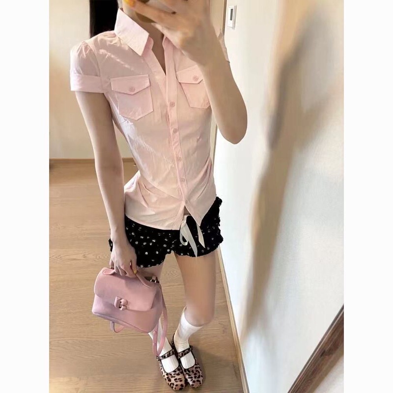 2026 New Sweet Style Pink Short-Sleeve Shirt for Women, Summer Short Waist-Cinching Blouse, Elegant French-Style Top