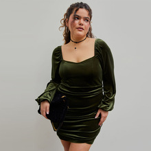 跨境大码女装欧美ins风性感露背褶皱派对包臀裙长袖丝绒连衣裙