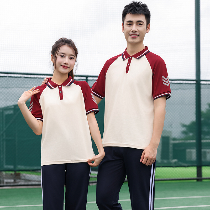 夏季初中生校服套装中学生短袖高中生大学运动服POLO衫班服红色定