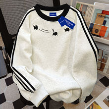 美式三条杠圆领卫衣女2025春冬加绒百搭中长款涂鸦印花潮牌上衣服