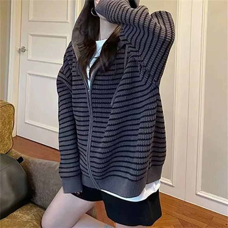 杏色抽绳连帽条纹针织开衫女秋季韩版宽松慵懒凤外穿毛衣衣外套|undefined