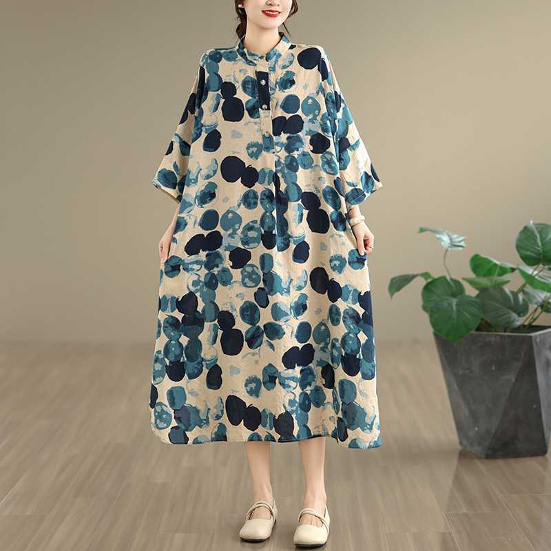 2026 Summer New Vintage Artistic Cotton-Linen Printed Dress with Stand Collar, Loose Fit, Extra Long, Plus Size, Resort Style Robe 2026 Summer New Vintage Artistic Cotton-Linen Printed Dress with Stand Collar, Loose Fit, Extra Long, Plus Size, Resort Style Robe