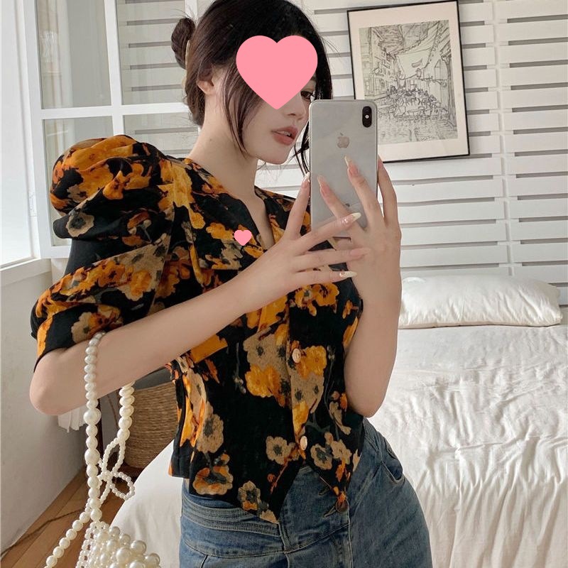 French Style Retro Puff Sleeve Floral Top For Women