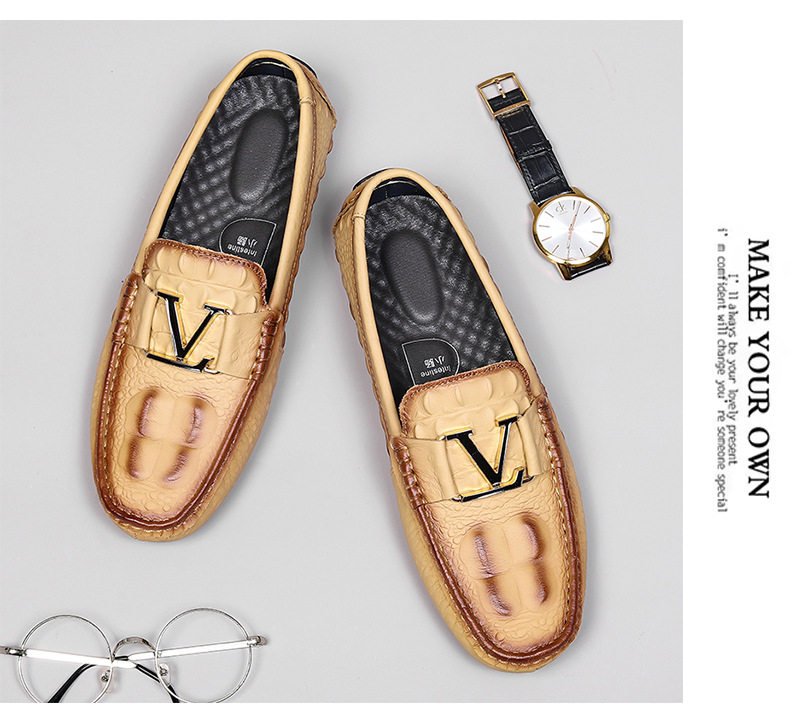 Giày lười nam da bò vân cá sấu mũi tròn, đế bằng, kiểu lái xe cỡ lớn — V6655 màu kaki quý phái, V6655 màu nâu quý ông, V6655 màu đen quý phái, Vàng địa phương V6655 chi tiết 24