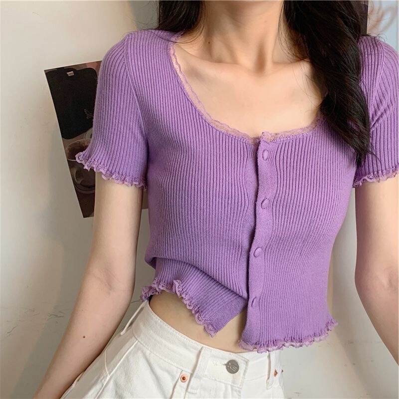 Korean Lace Knitted Knitwear T-Shirt Top Short Short-Sleeved Knitted Cardigan