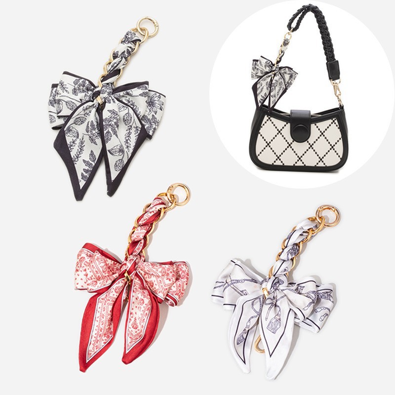 Silk Scarf Handmade Bag Pendant Bow Pendant Armpit Bag Shoulder Bag Metal Buckle Women's Retro DIY Short Bag Chain