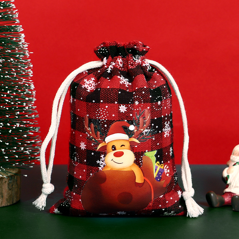 Bolsa de algodón a cuadros de Navidad con cordón Bolsa de embalaje de regalo de caramelo de Navidad Calendario de Adviento bolsa pequeña al por mayor