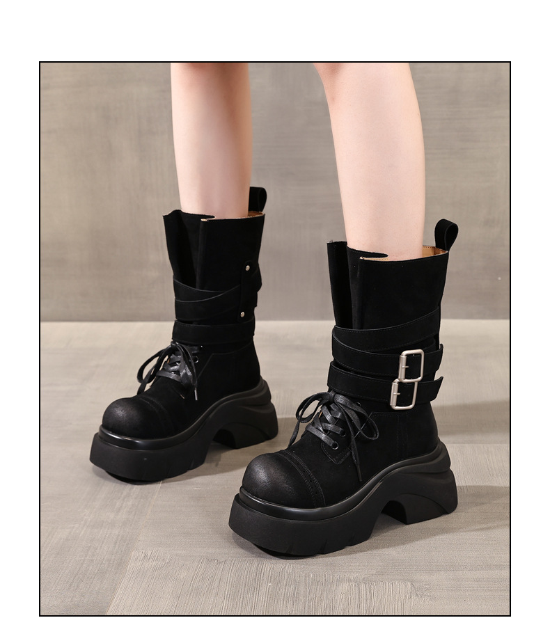 Giày boot nữ đế dày nâng chiều cao phong cách retro, khóa thắt lưng — đen chi tiết 13