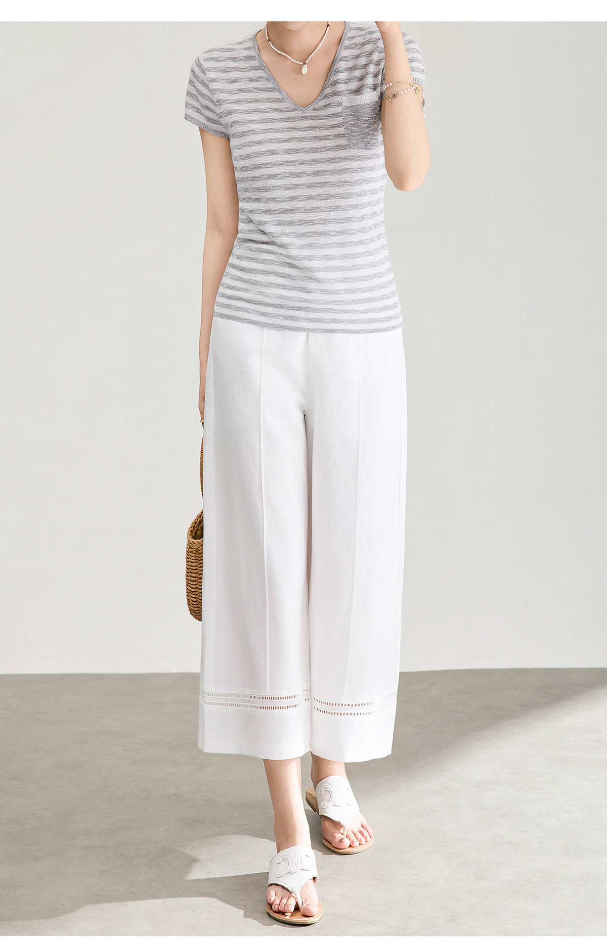 Quần culottes nữ ống rộng dáng dài 9 phần, chất liệu sợi gai dầu mỏng nhẹ mùa hè — màu xanh navy chi tiết 17
