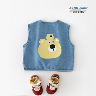 Yueji Clothing's New Korean Style Kidsren's Denim Vest, Boys and Girls Baby Cartoon Bear Sleeveless Top 53522