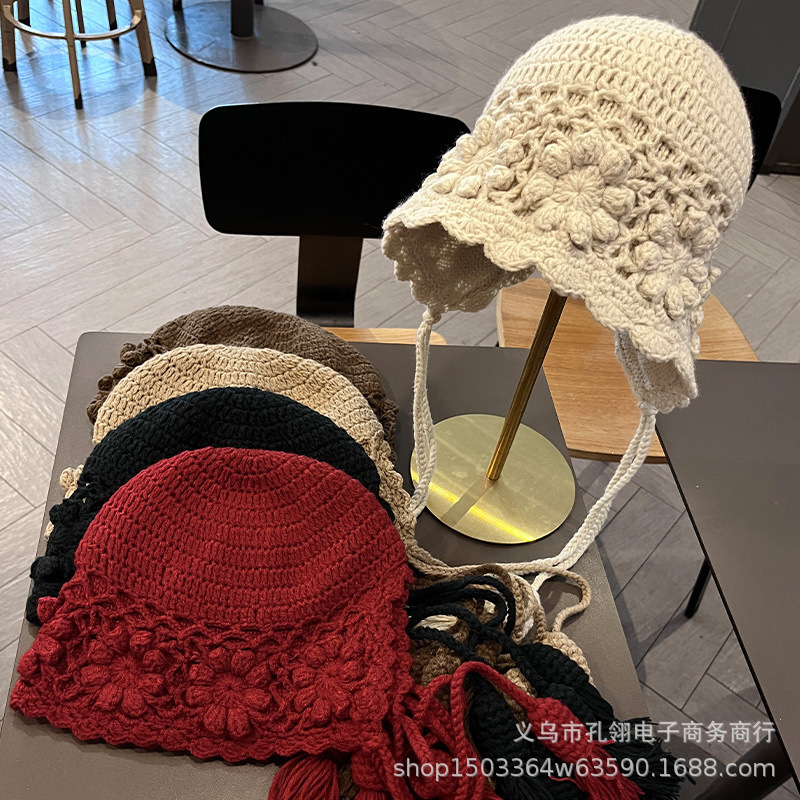 帽子女款2025新款民族风花朵手工针织护耳帽秋冬氛围感流苏套头帽|undefined