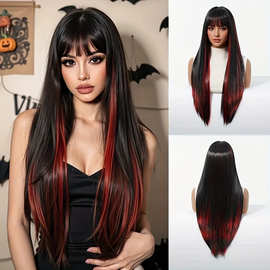 亚马逊欧美空气刘海中分长直发天然渐变hair自然蓬松全头套假发女