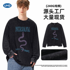 美式復古印花ins超火搖滾nirvana涅槃柯特科本圓領長袖T恤男女款