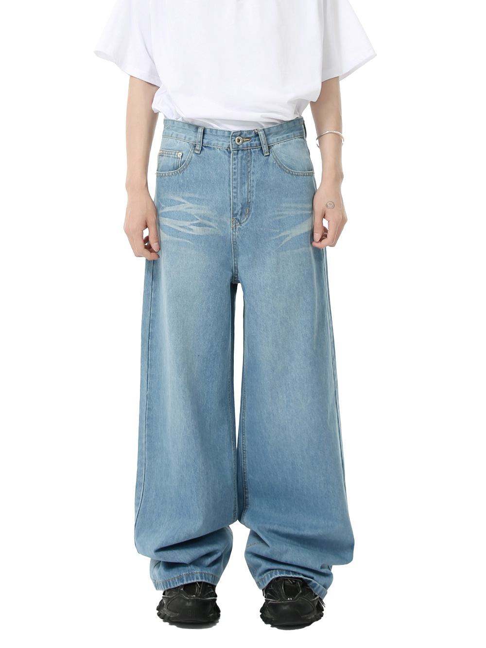 MTLCLOTHES para hombre | Versión coreana de jeans de trapeador recto de pierna ancha con patrón lavado, todo fósforo