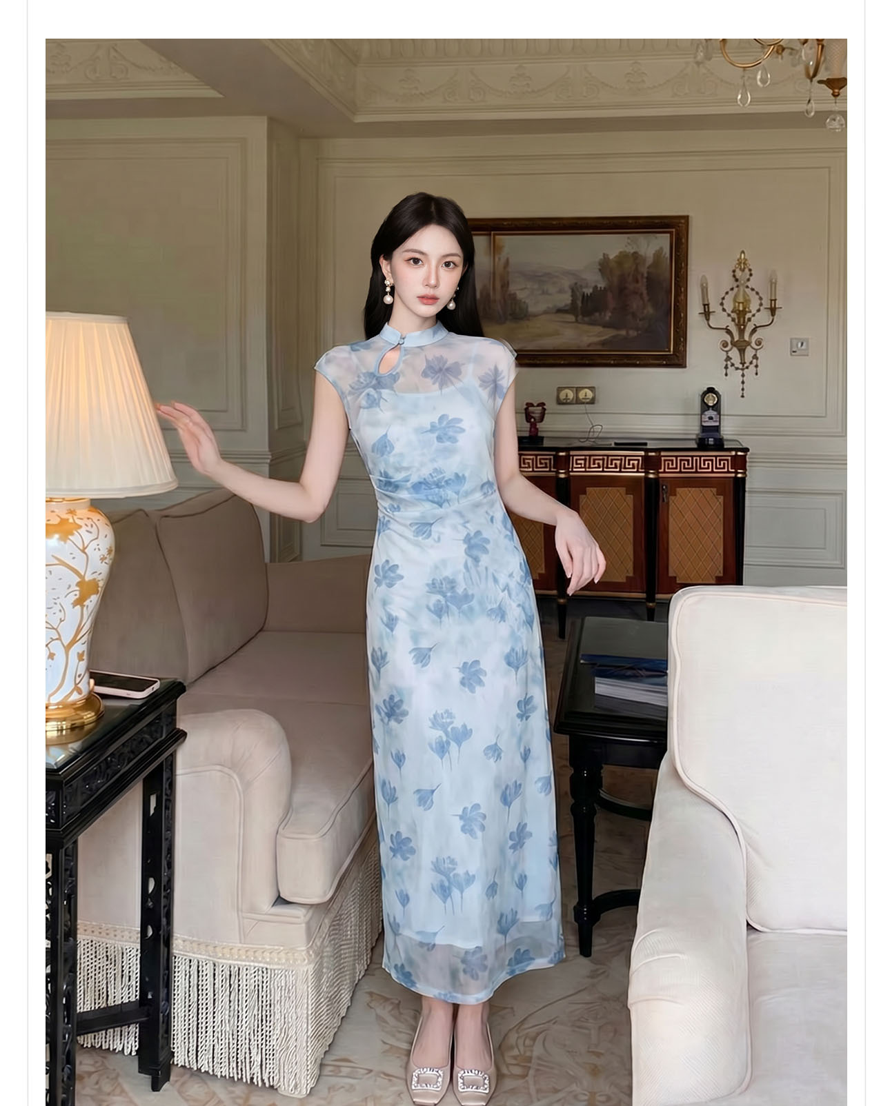 Đầm maxi nữ thắt eo phong cách tân cổ điển, chất liệu nhung tăm, thiết kế cổ yếm kết hợp ren, tay lỡ, dáng suông nhẹ, phù hợp mùa xuân hè — xanh lam chi tiết 8