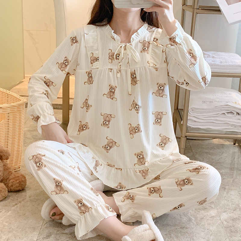 Estilo japonés pijamas florales de las mujeres de otoño e invierno estilo coreano de manga larga dulce lindo princesa estilo vivo traje de desgaste al por mayor